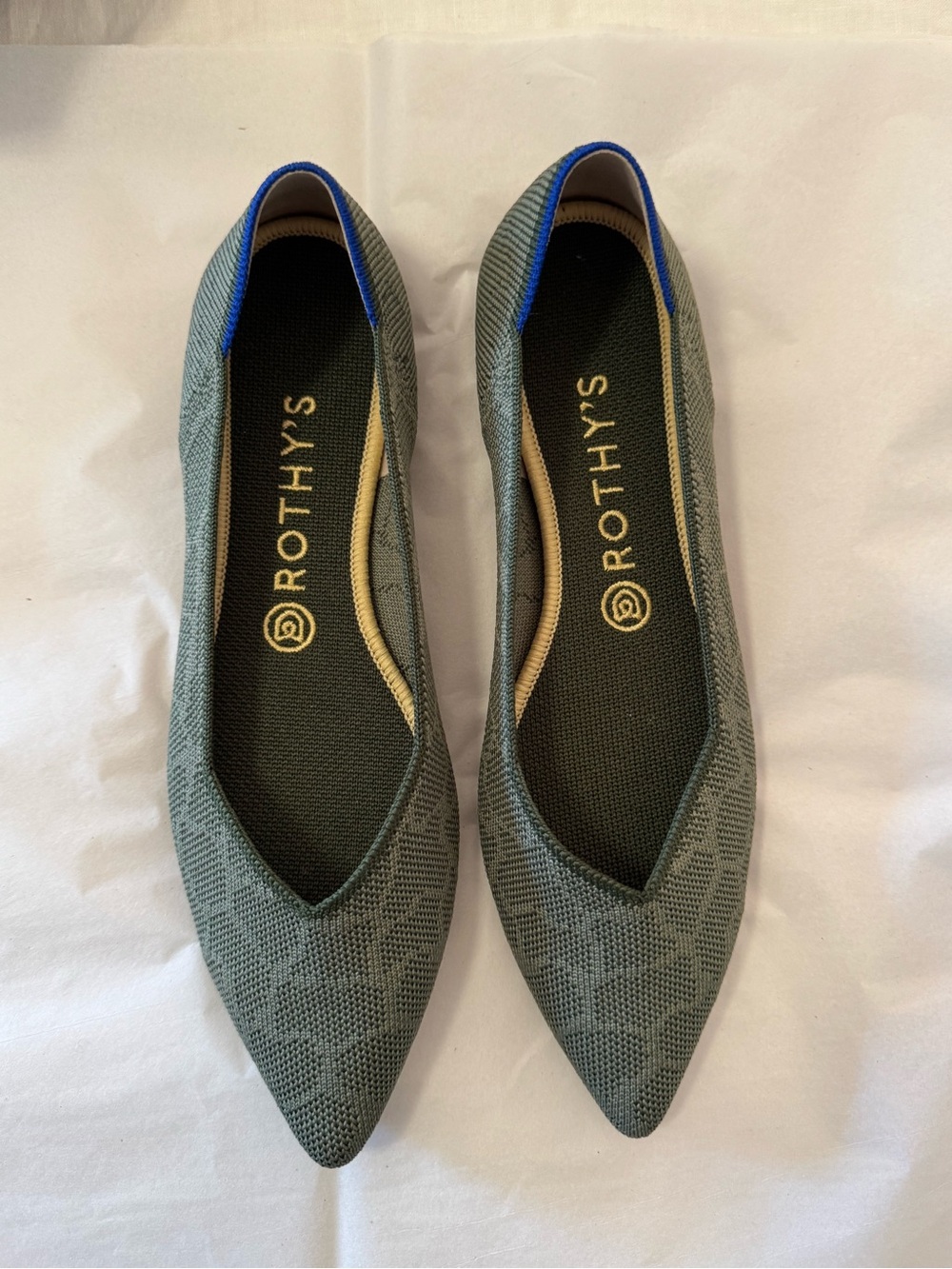 Rothy's Pointed Knit Ballet Flat - Gray/Green with Blue Trim